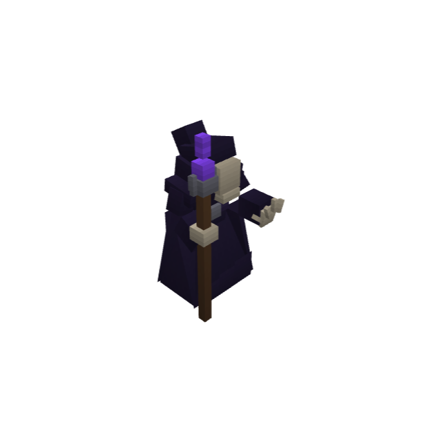 Purple Skeleton Mage: a Blockbench model in a dark robe holding a staff